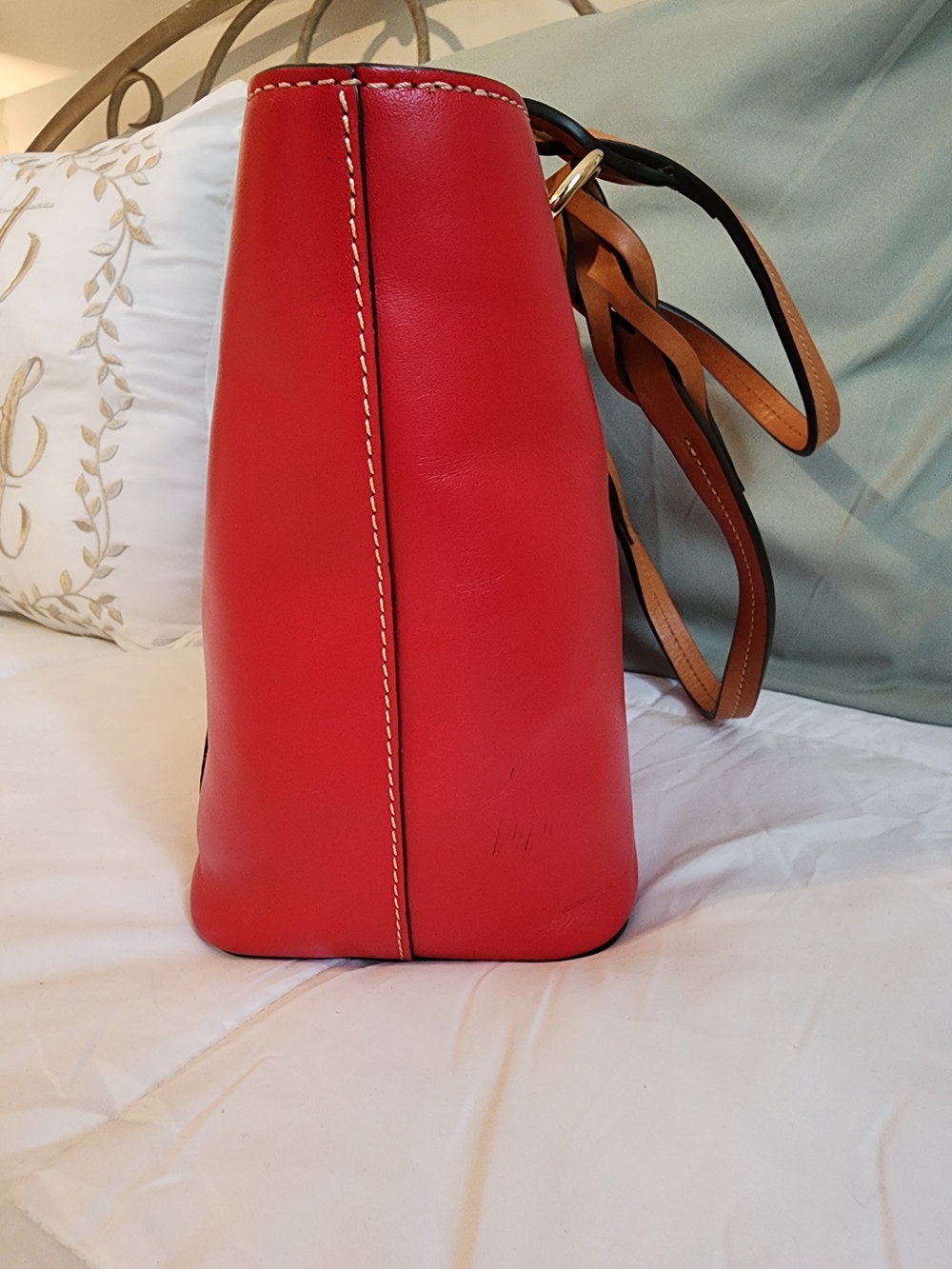 Dooney & Bourke Red Leather Tote with Tan Handles - Picture 4 of 14